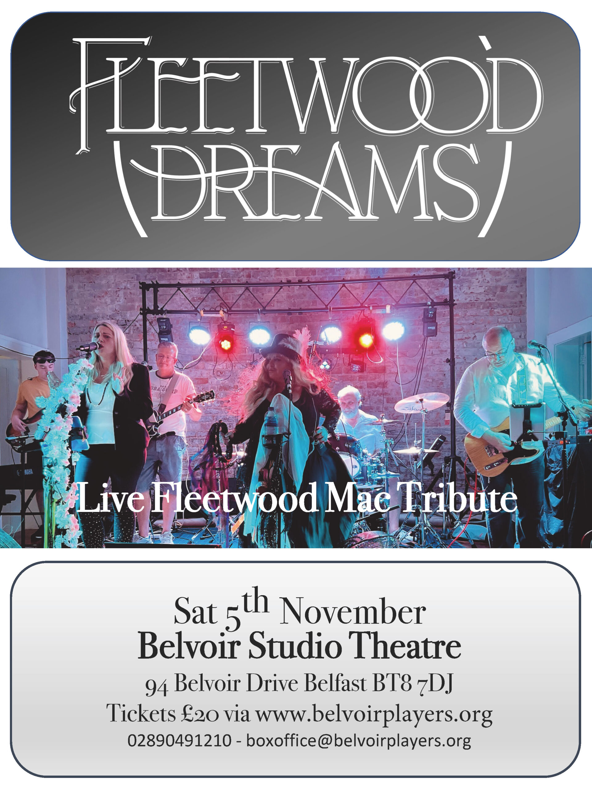 Fleetwood Dreams Live Fleetwood Mac Tribute playing in fron of coloured lights.