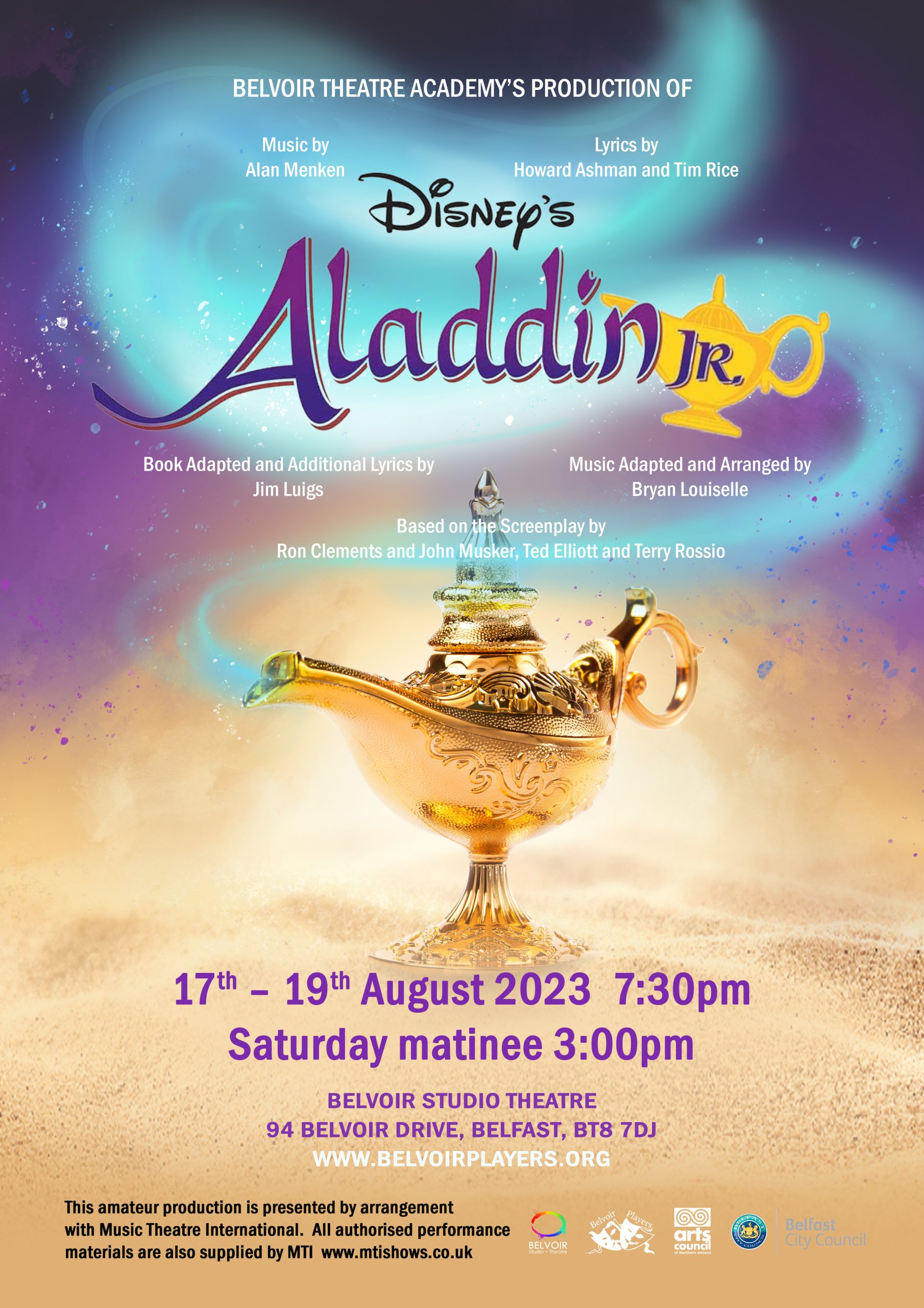 Swirling smoke and a genie's lamp with the event details